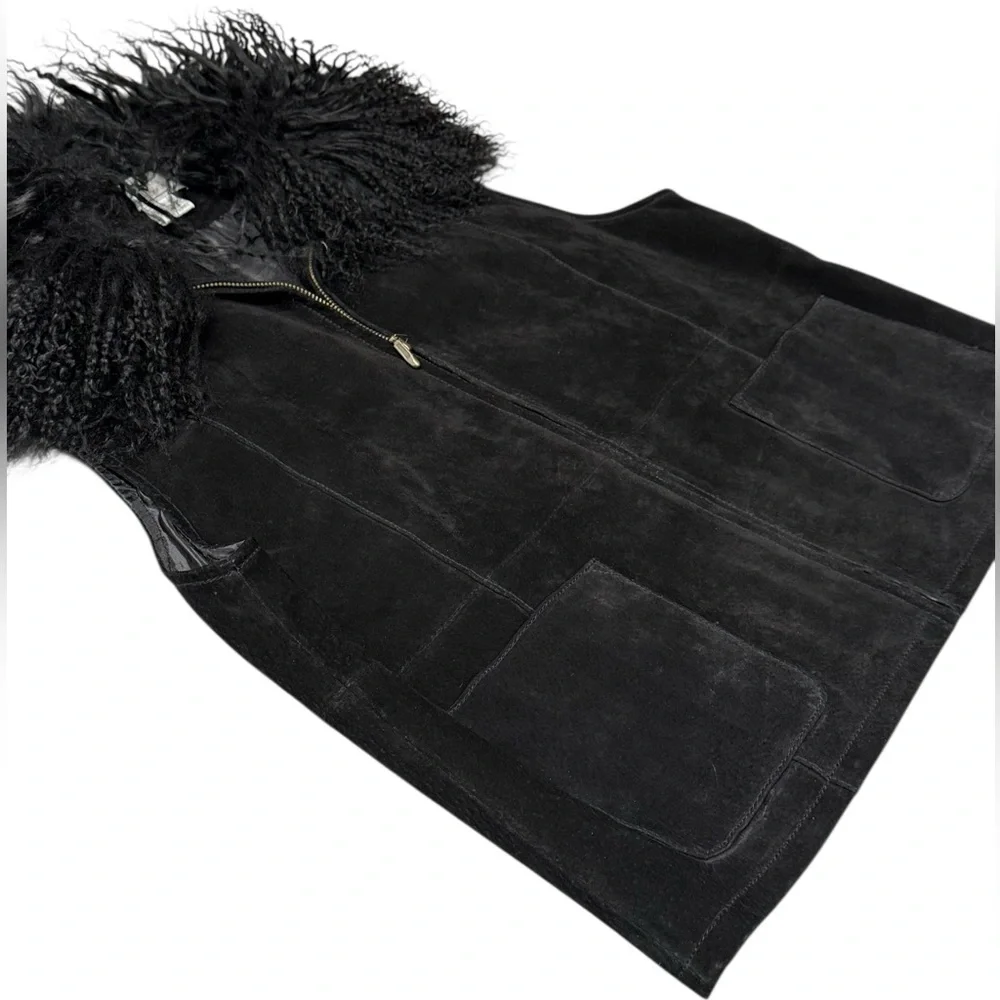 Vintage‎ Penny Lane Lisa International Black 100% Suede Fur Trim Vest- Women's L